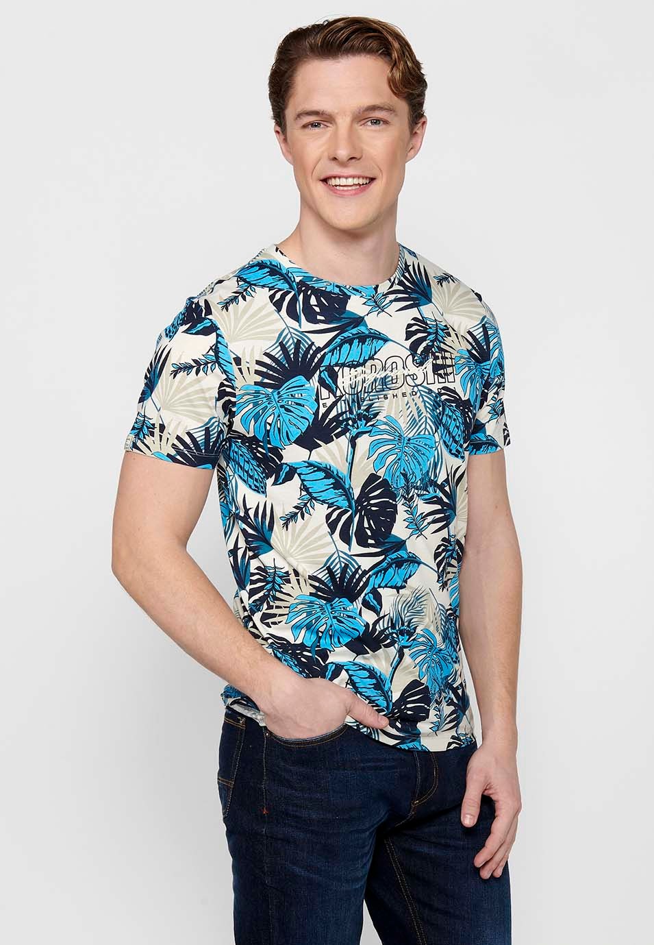 Short-sleeved Cotton T-shirt with floral print and Round Neck in Blue for Men 6
