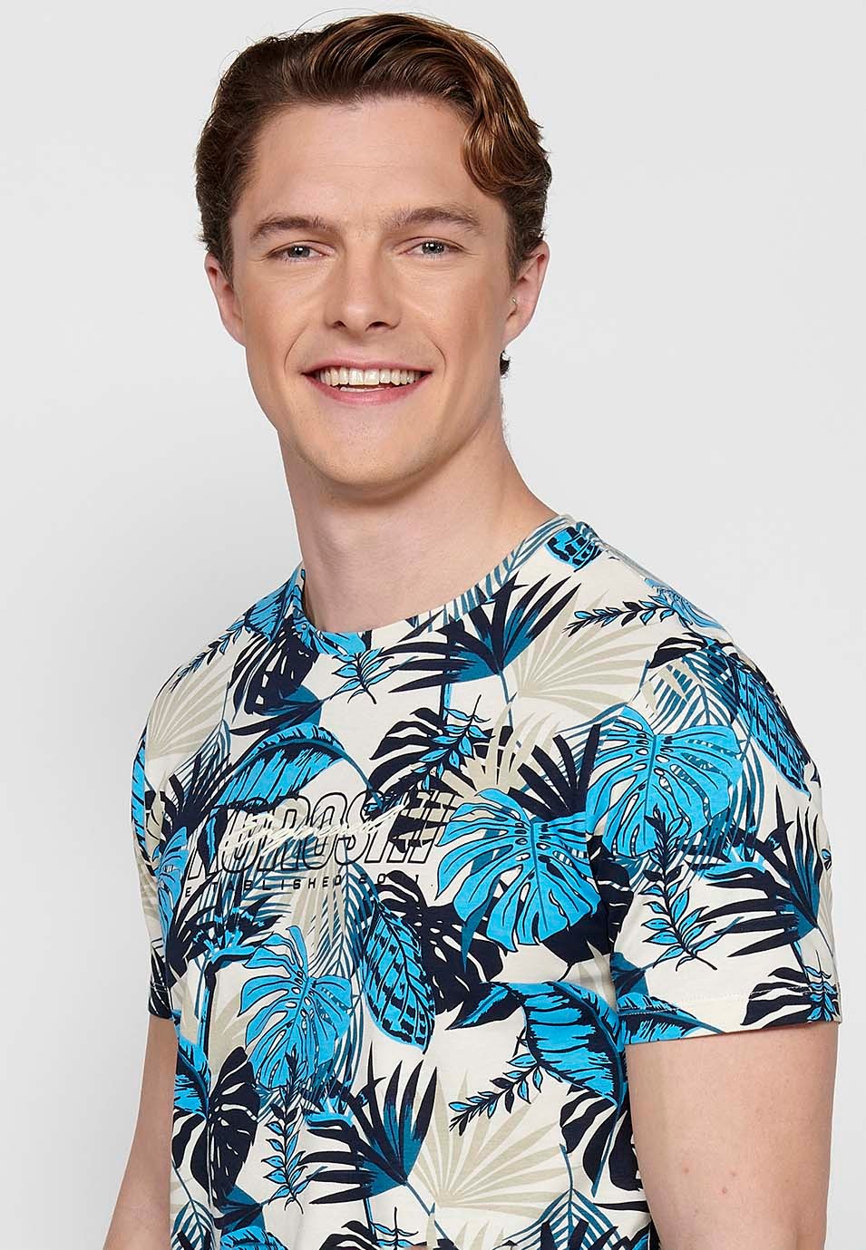 Short-sleeved Cotton T-shirt with floral print and Round Neck in Blue for Men 2