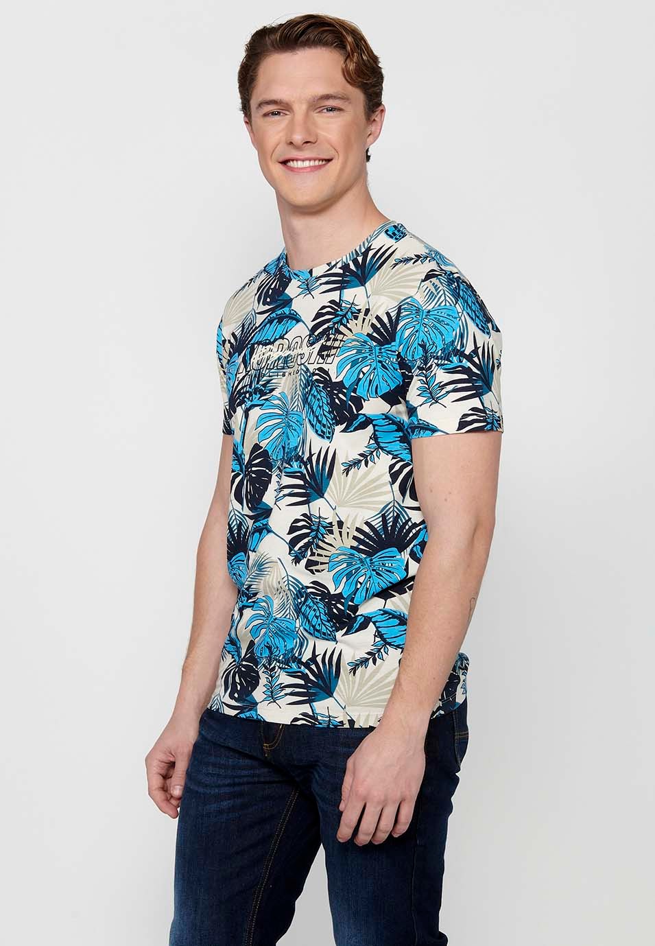 Short-sleeved Cotton T-shirt with floral print and Round Neck in Blue for Men 7