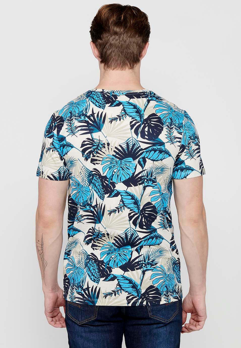 Short-sleeved Cotton T-shirt with floral print and Round Neck in Blue for Men 5