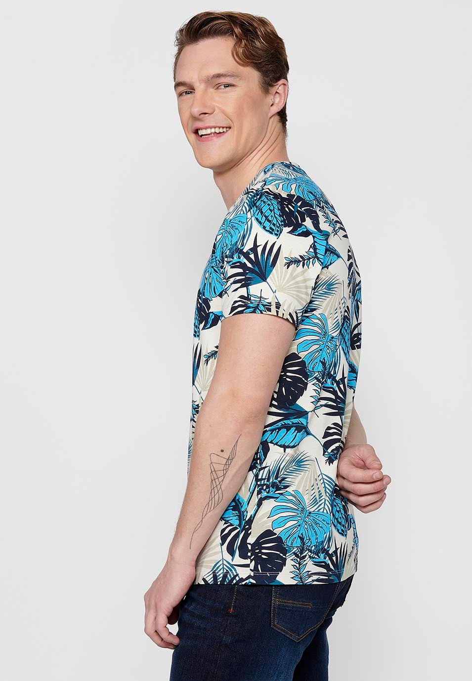 Short-sleeved Cotton T-shirt with floral print and Round Neck in Blue for Men 3
