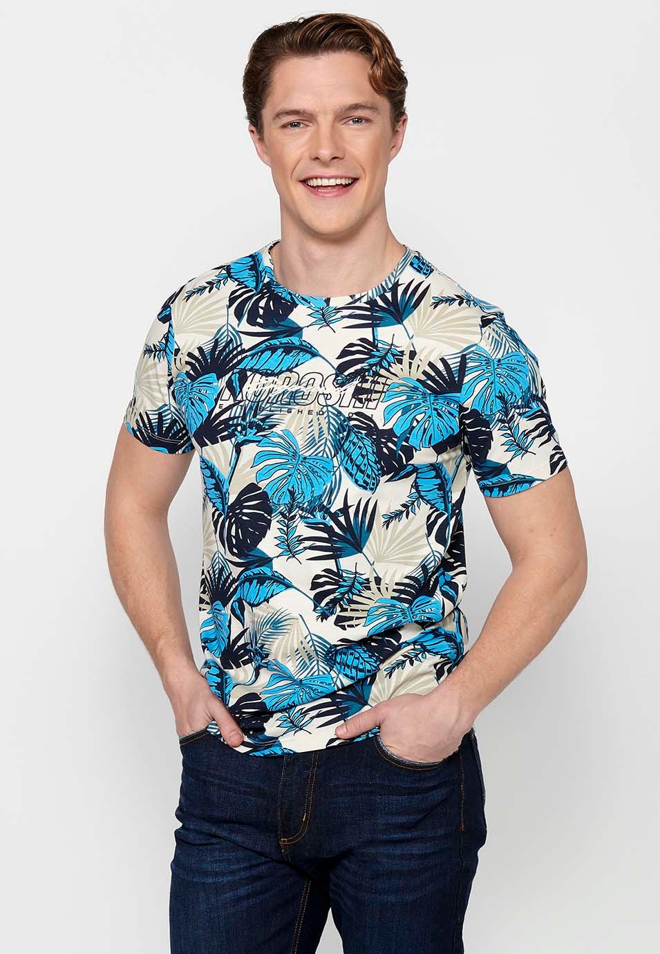 Short-sleeved Cotton T-shirt with floral print and Round Neck in Blue for Men 1