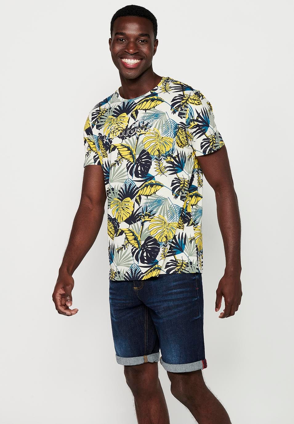 T-shirt jaune à manches courtes et col rond en coton imprimé floral pour hommes