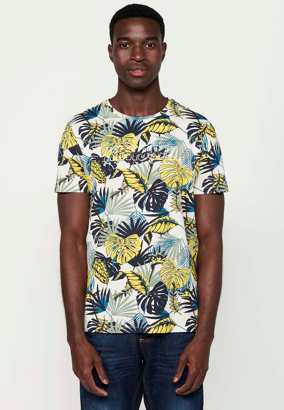 Men's Yellow Round Neck Floral Print Cotton Short Sleeve T-Shirt