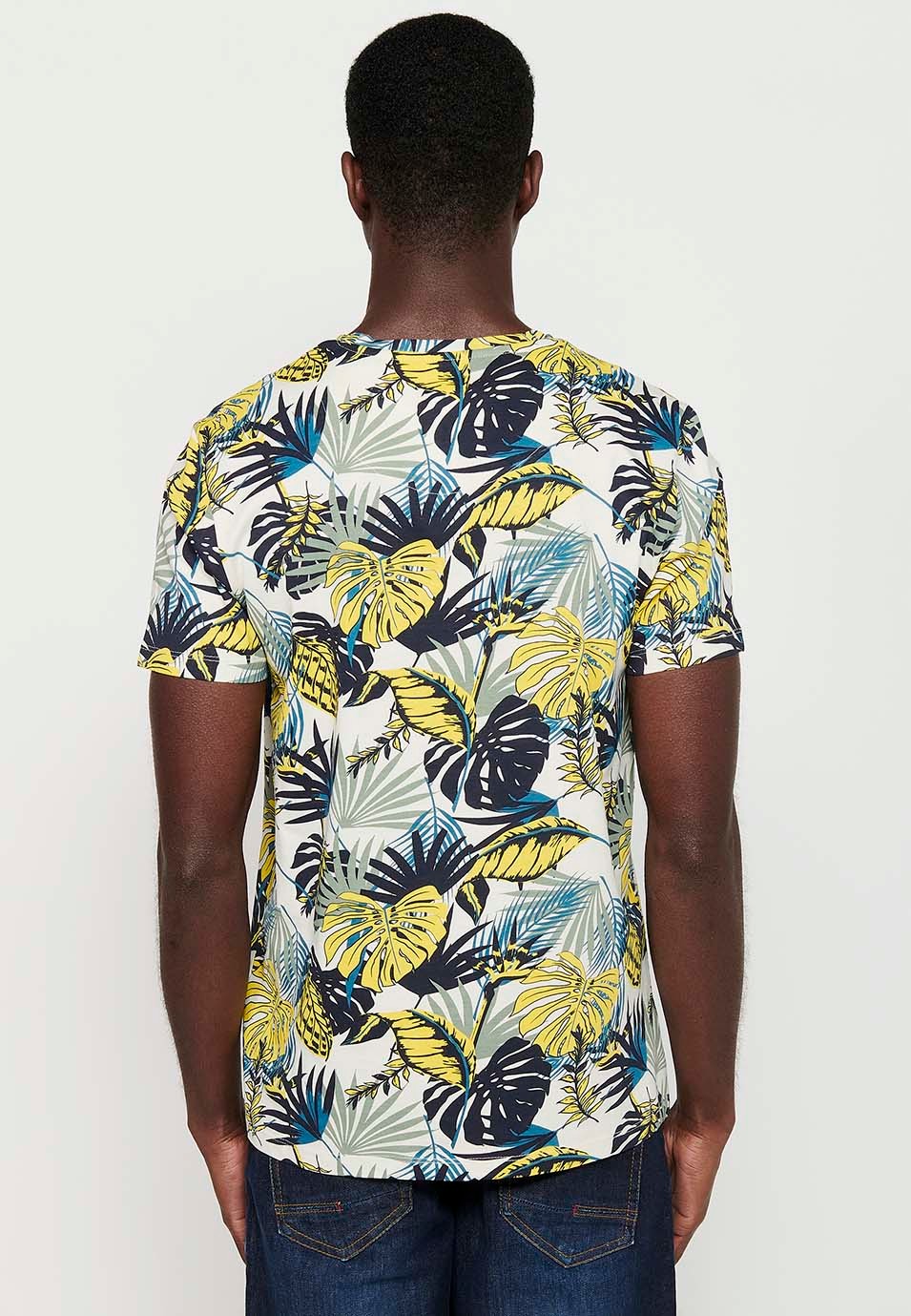 Men's Yellow Round Neck Floral Print Cotton Short Sleeve T-Shirt