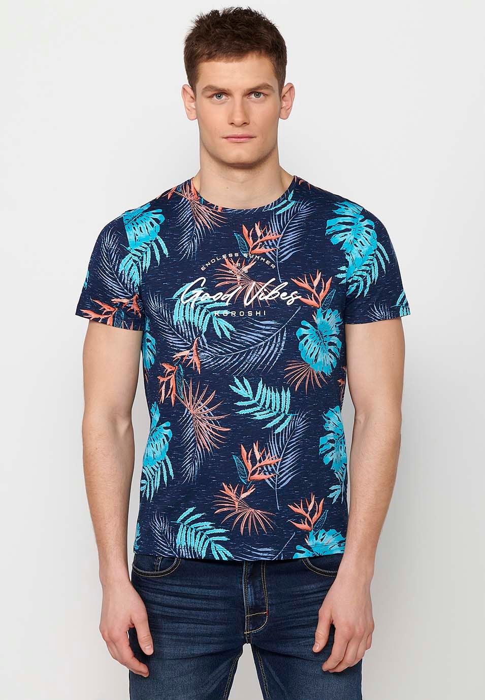 Camiseta manga corta de algodon con estampado tropical multicolor navy para hombre