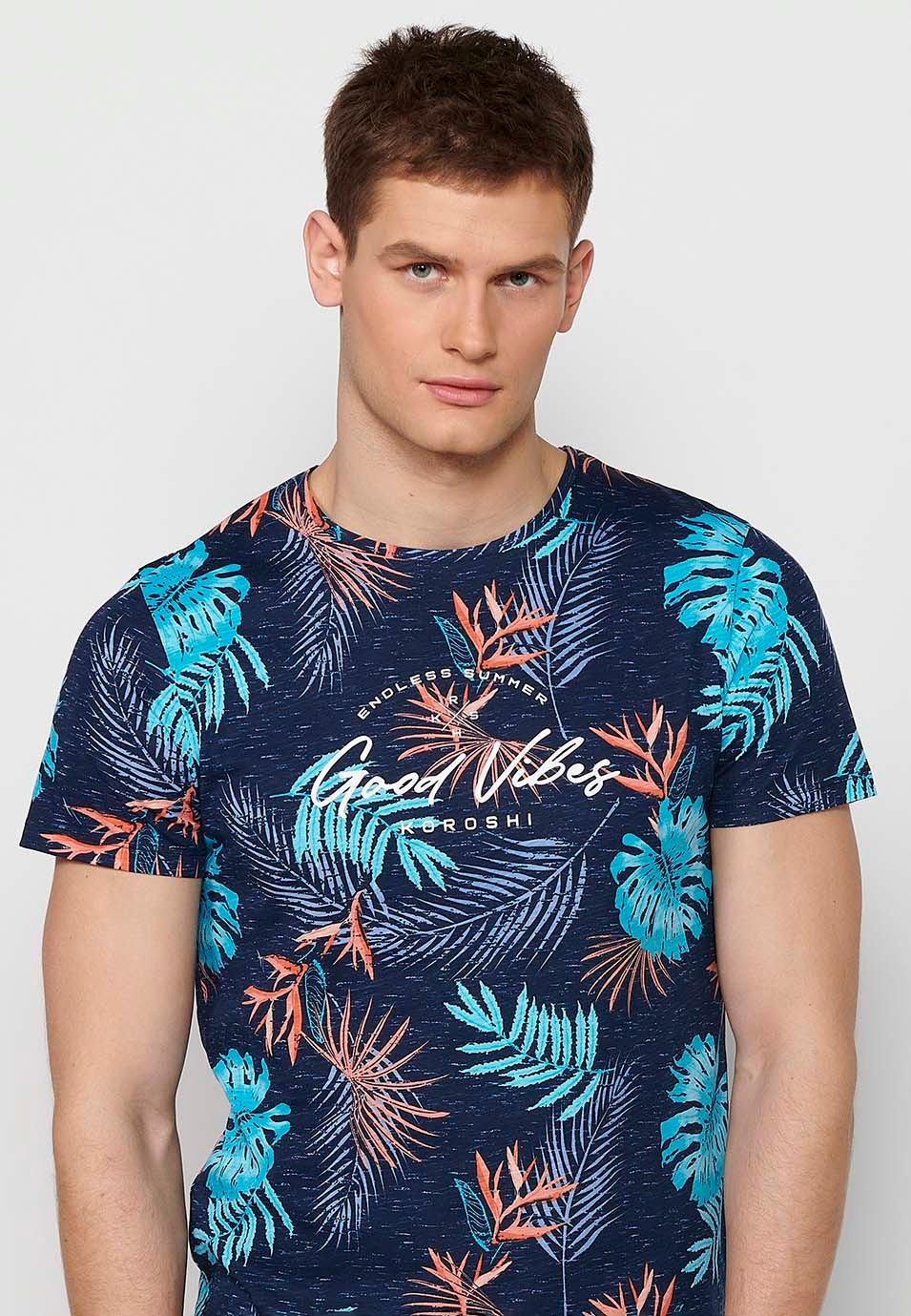 T-shirt manches courtes en coton imprimé tropical multicolore marine pour homme