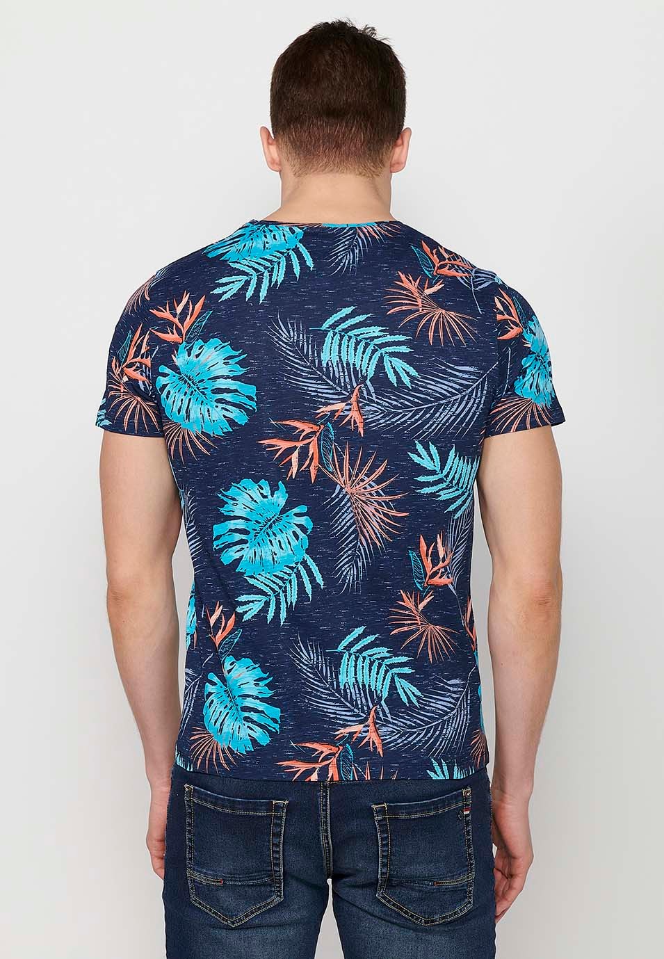 Short-sleeved cotton t-shirt with multicolored navy tropical print for men