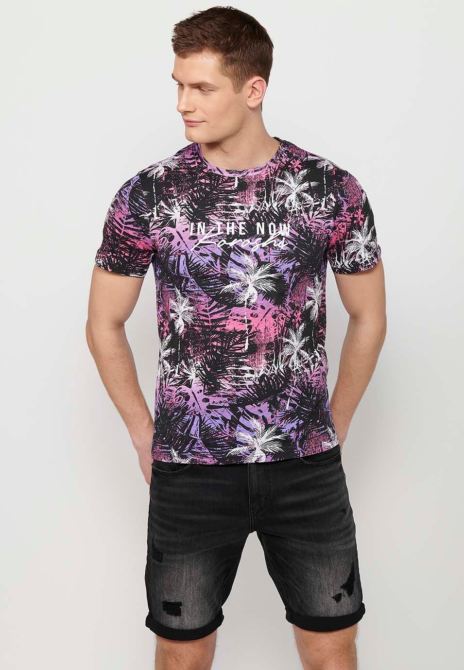 Camiseta manga corta de algodon con estampado tropical multicolor rosa morado para hombre