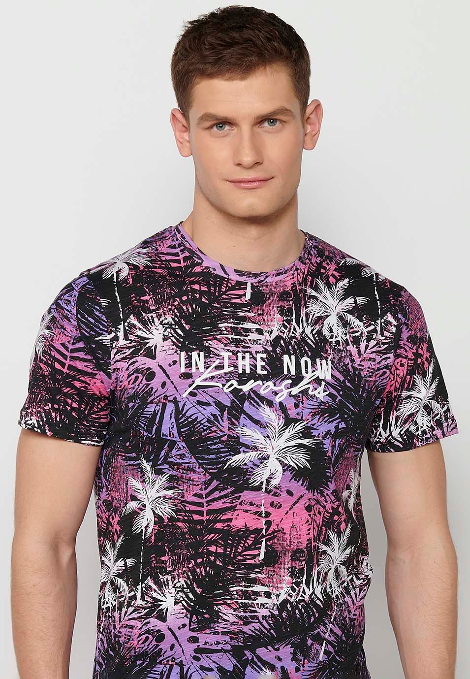 Short-sleeved cotton t-shirt with multicolored pink-purple tropical print for men