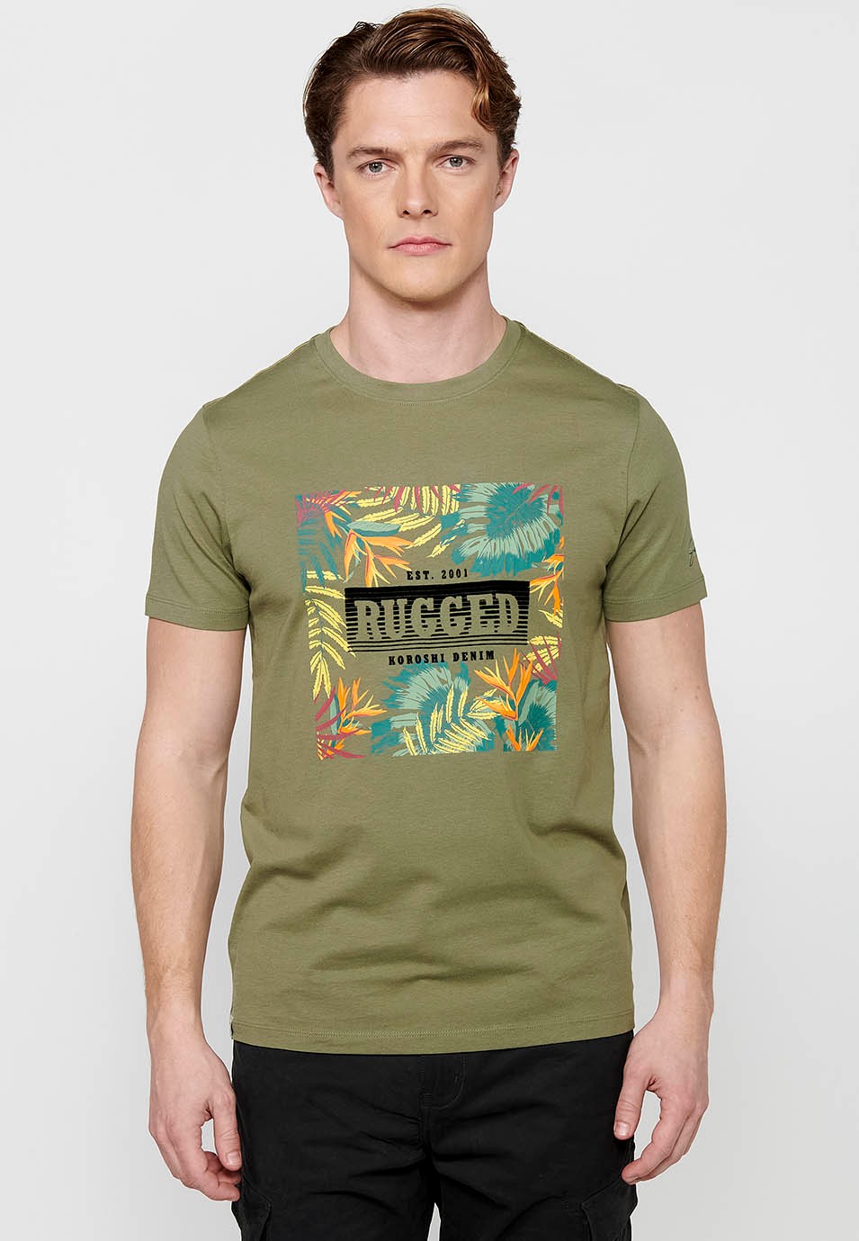 Short-sleeved Cotton T-shirt with Round Neck and Khaki Front Print for Men