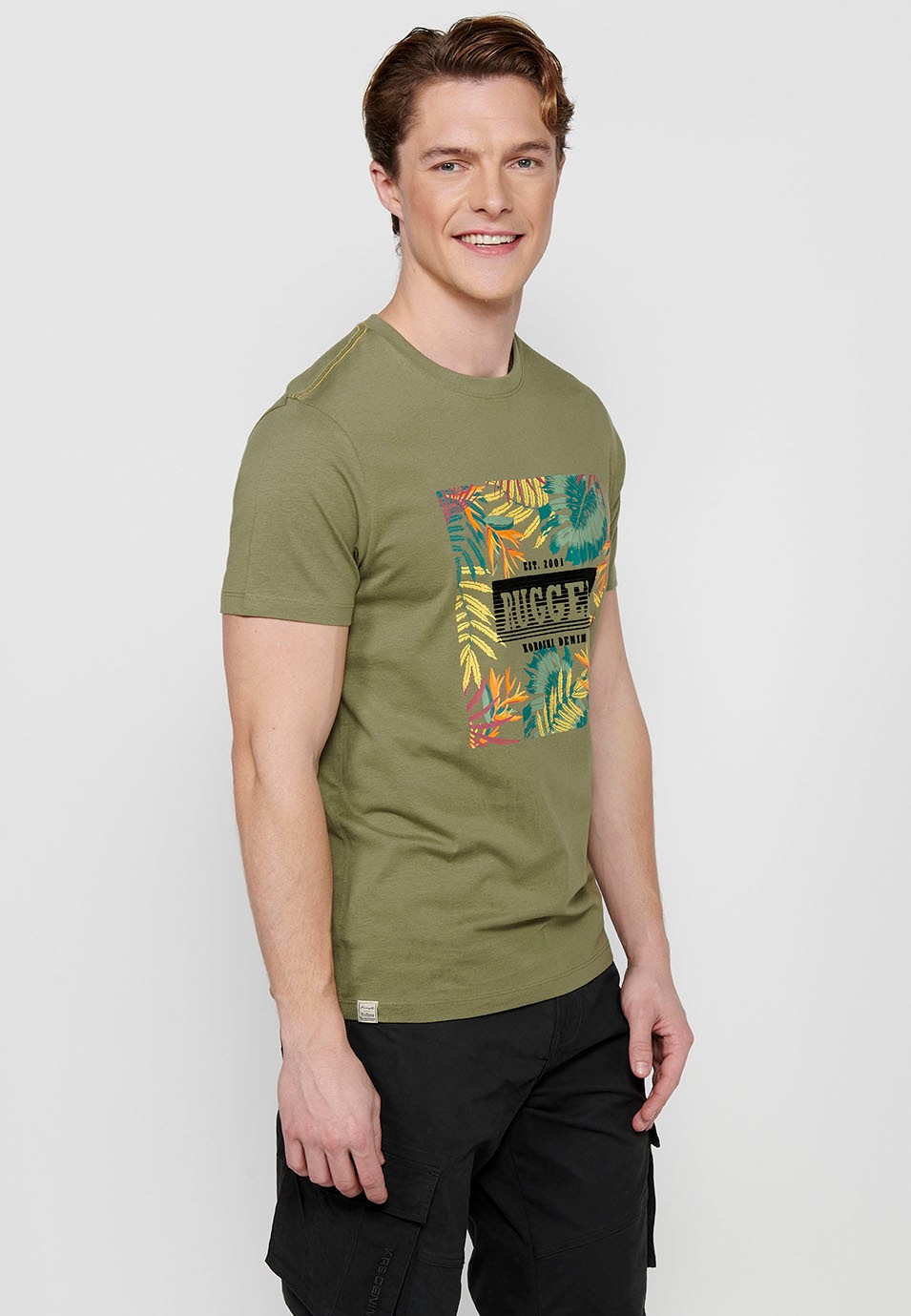Camiseta de manga corta de Algodón con Cuello redondo y Estampado delantero de Color Kaki para Hombre