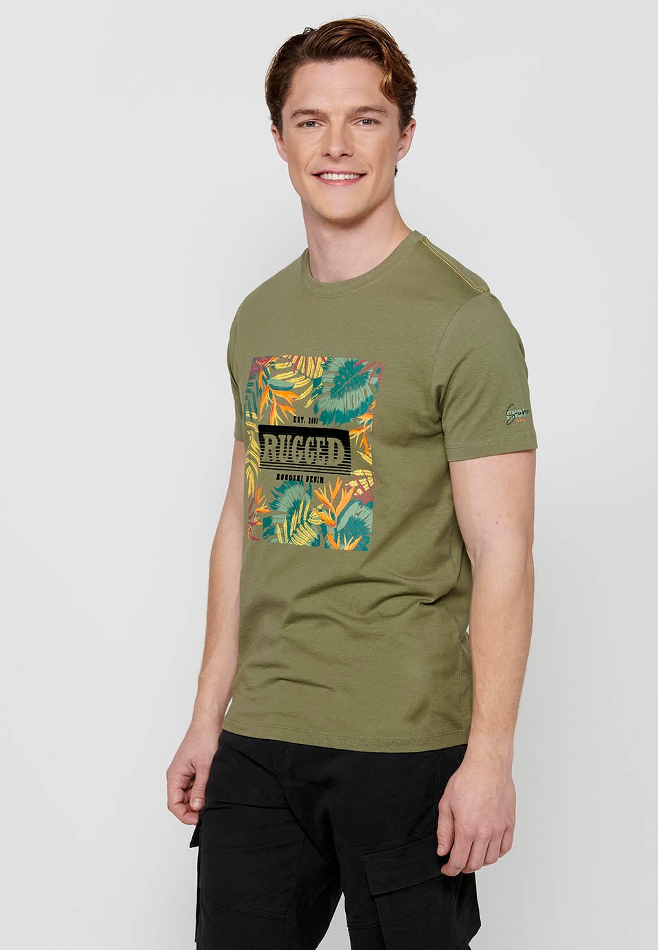 Short-sleeved Cotton T-shirt with Round Neck and Khaki Front Print for Men