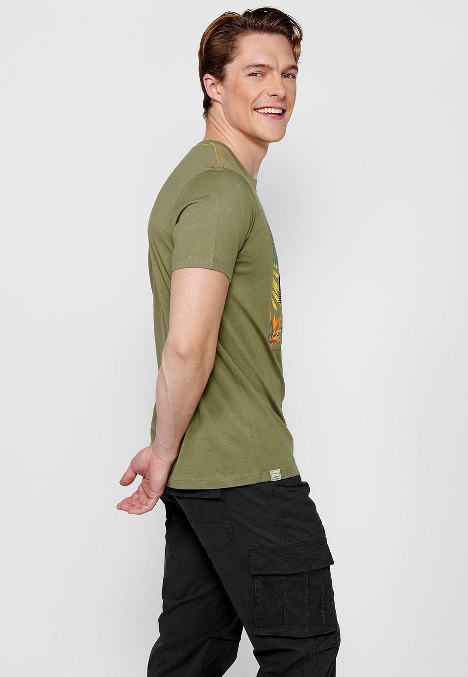 Kurzärmeliges Baumwoll-T-Shirt mit Rundhalsausschnitt und Khaki-Frontdruck für Herren