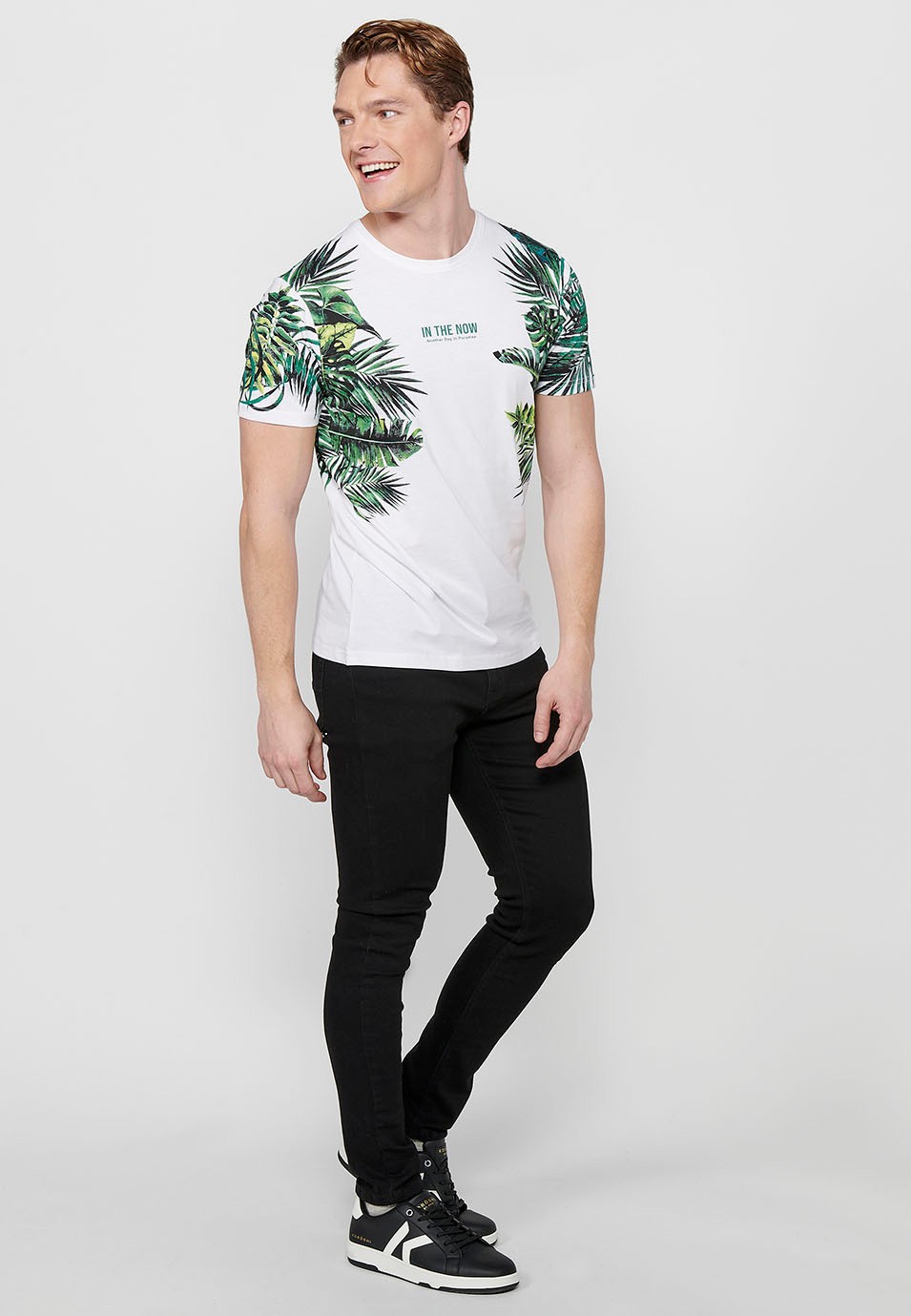 Short Sleeve T-Shirt, Tropical Print and Front Letters, White for Men