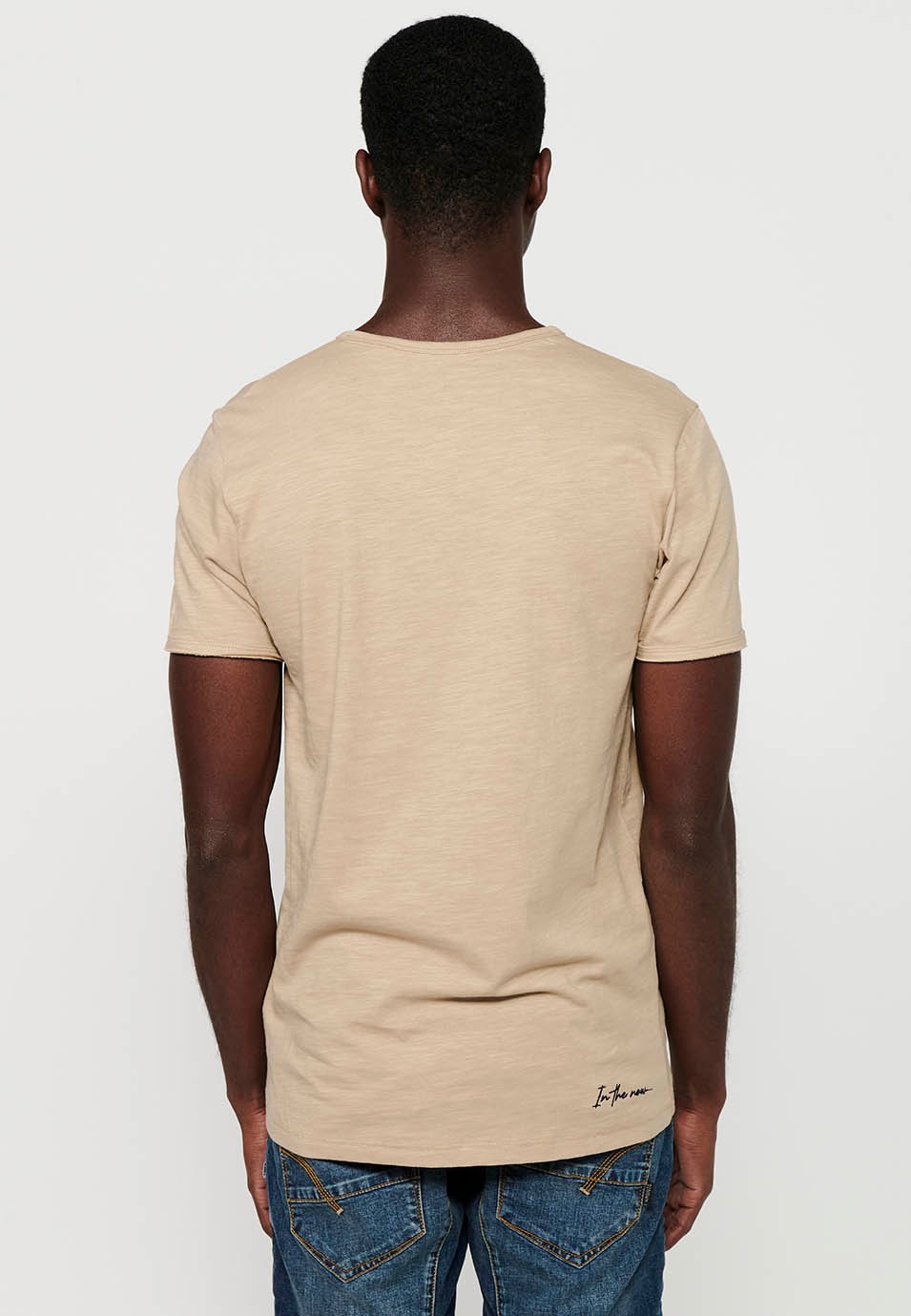 Basic short-sleeved T-shirt, V-neck with button, beige color for men