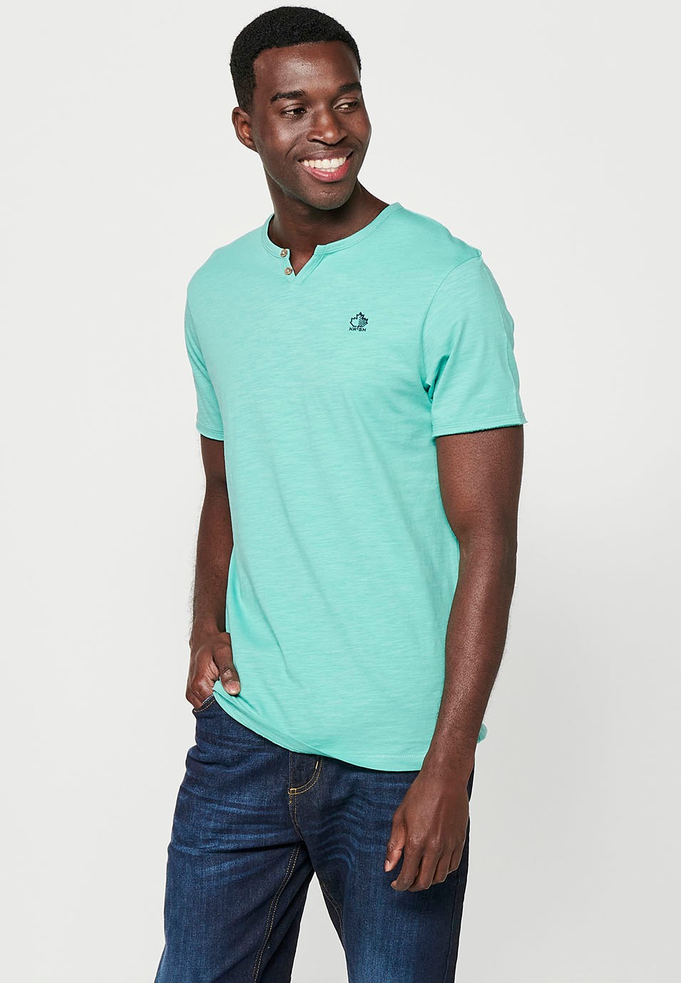 Basic short-sleeved cotton t-shirt, V-neck with button, mint color for men
