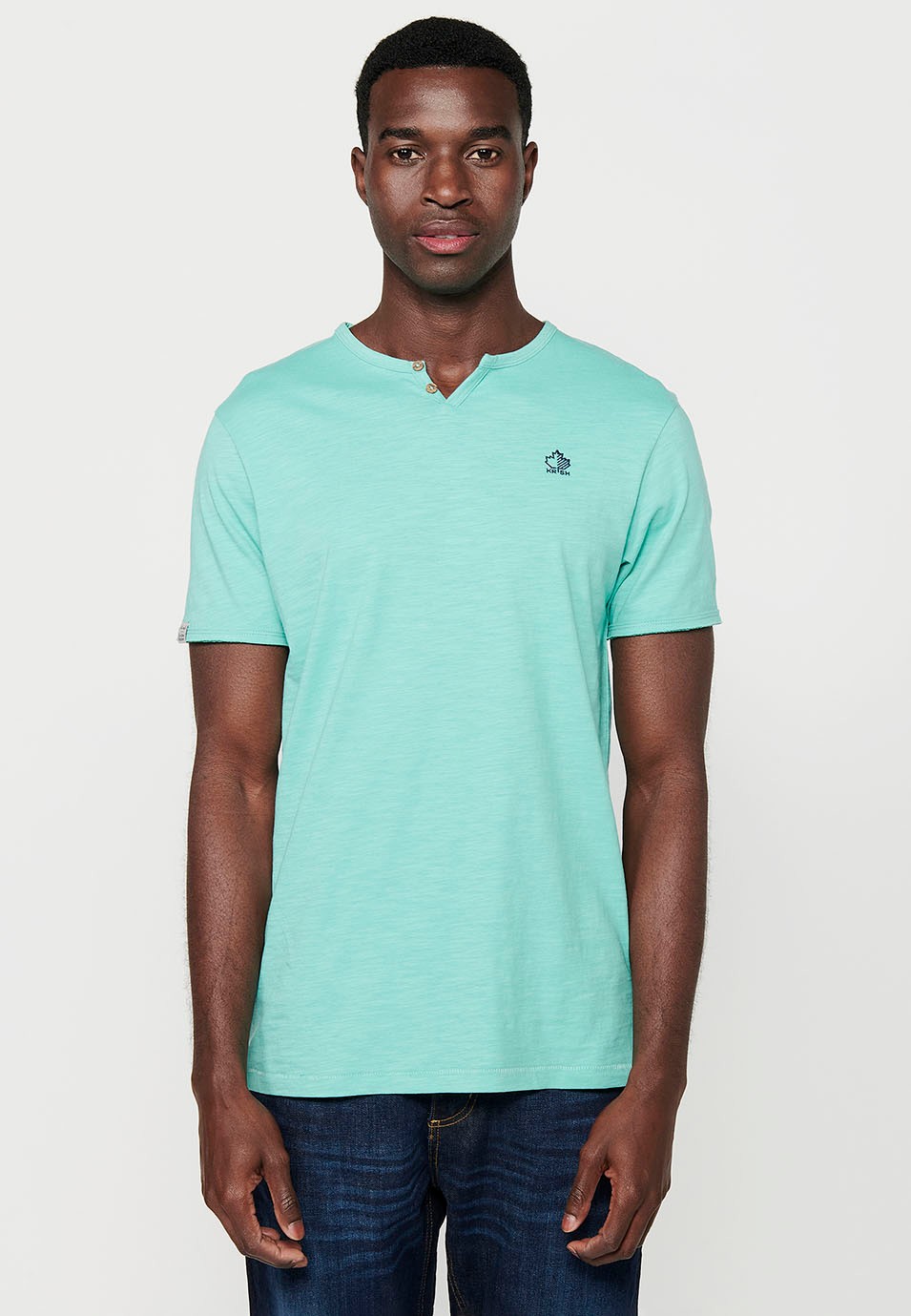 Basic short-sleeved cotton t-shirt, V-neck with button, mint color for men 1