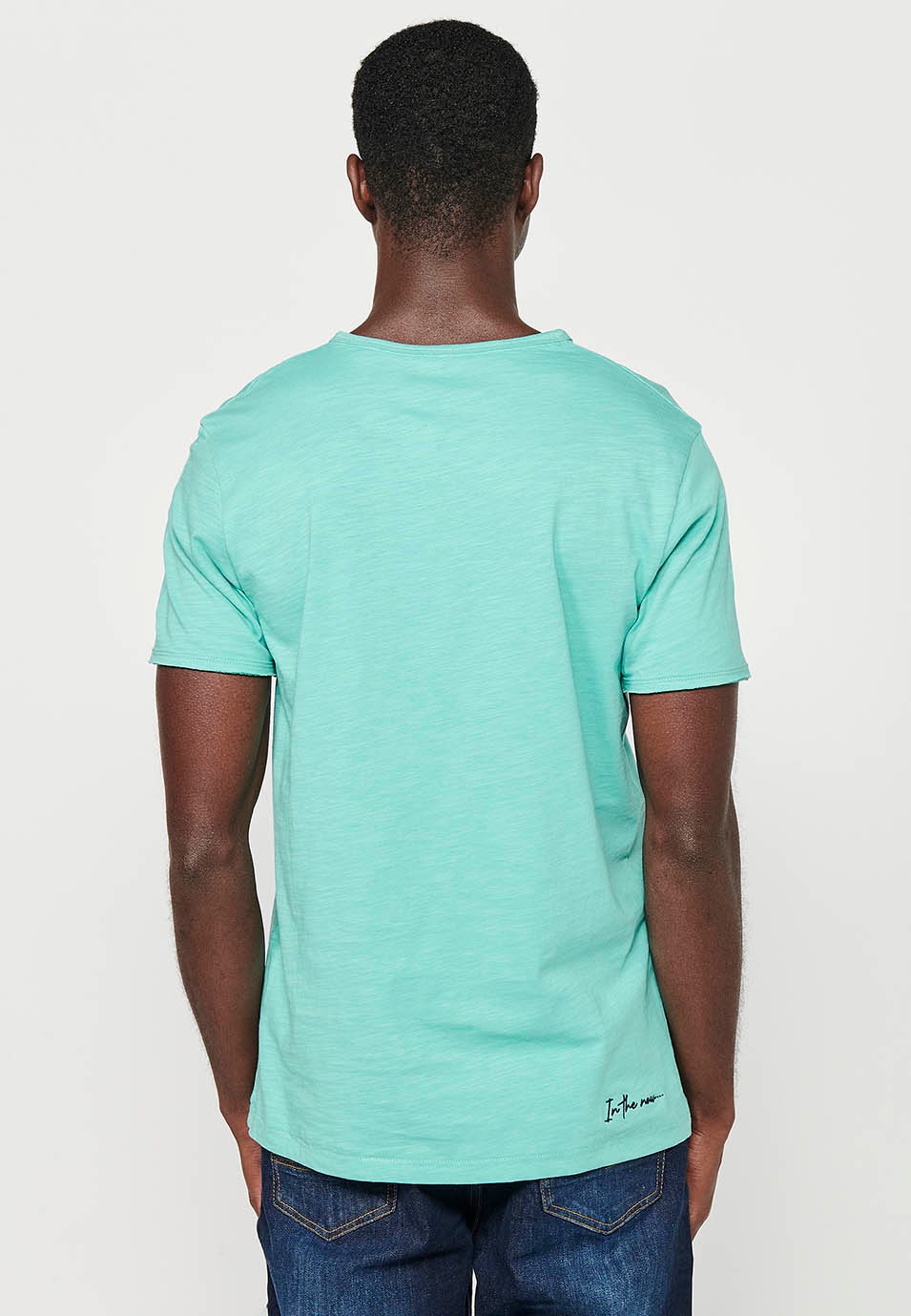 Basic-T-Shirt aus Baumwolle mit kurzen Ärmeln, V-Ausschnitt und Knopf, Mintfarbe für Herren 2