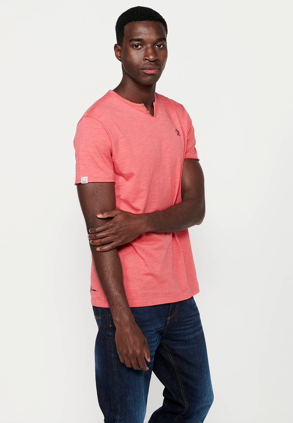 Basic short-sleeved cotton T-shirt, V-neck with button, pink color for men 7