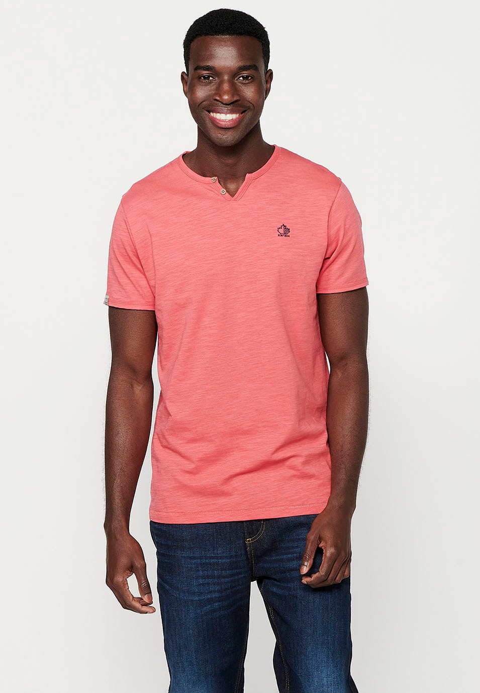 Basic short-sleeved cotton T-shirt, V-neck with button, pink color for men 4