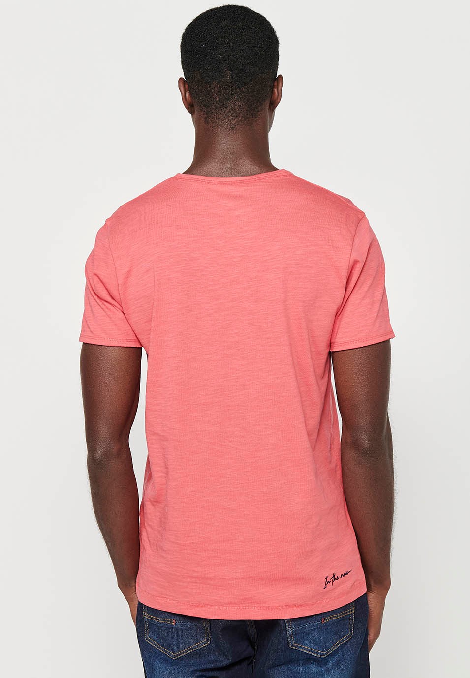 Basic short-sleeved cotton T-shirt, V-neck with button, pink color for men 3