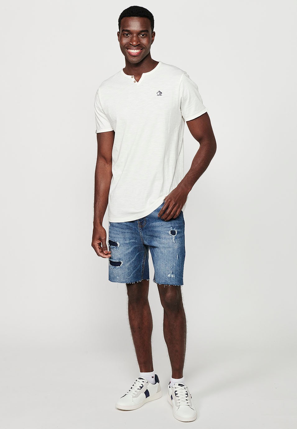Basic short-sleeved T-shirt, V-neck with button, ecru color for men
