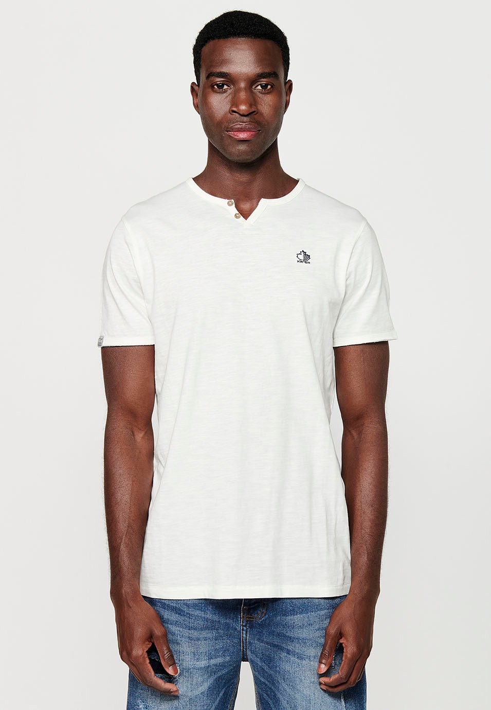 Basic short-sleeved T-shirt, V-neck with button, ecru color for men