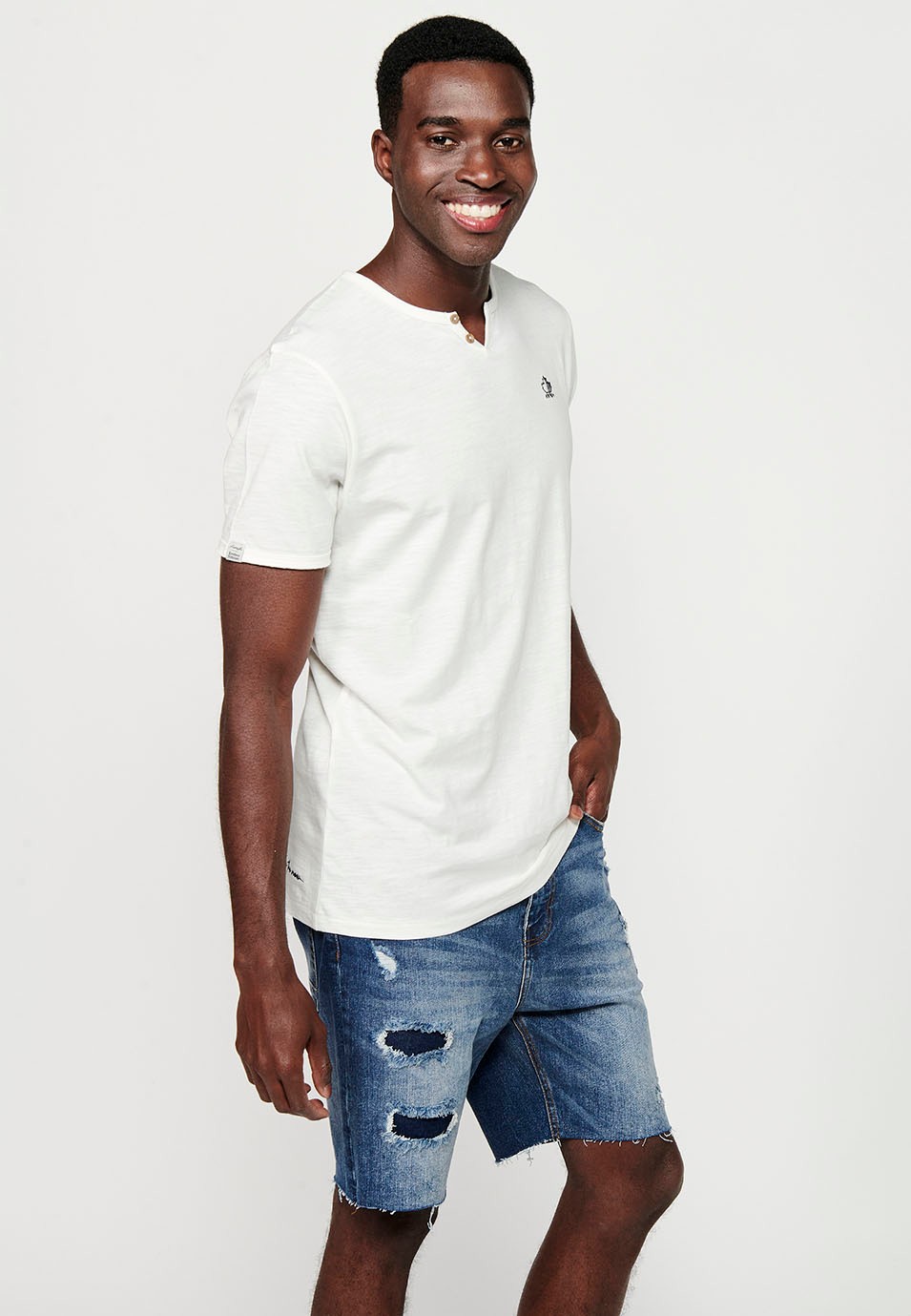 Basic short-sleeved T-shirt, V-neck with button, ecru color for men