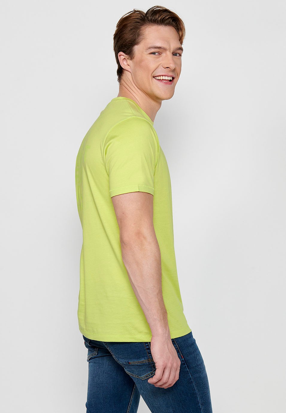 Kurzarm-T-Shirt mit Rundhalsausschnitt und Logo auf der Vorderseite in Limettenfarbe für Herren