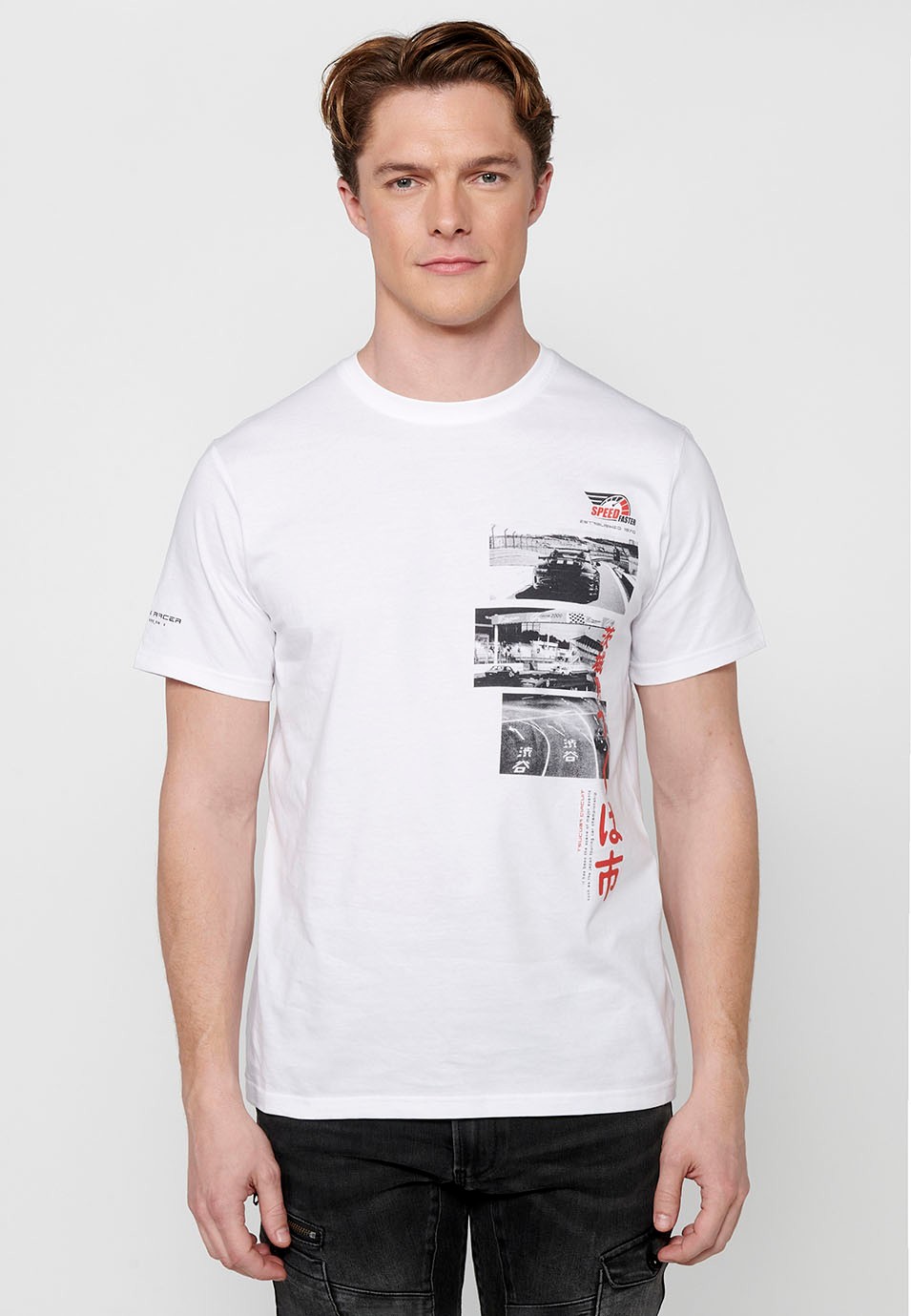 Camiseta de manga corta de algodón, estampado pecho multicolor, color blanco para hombre