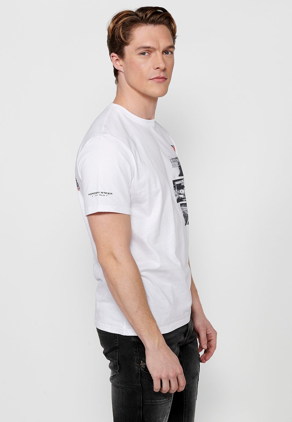 Men's white cotton short-sleeved t-shirt, multicolored chest print 2