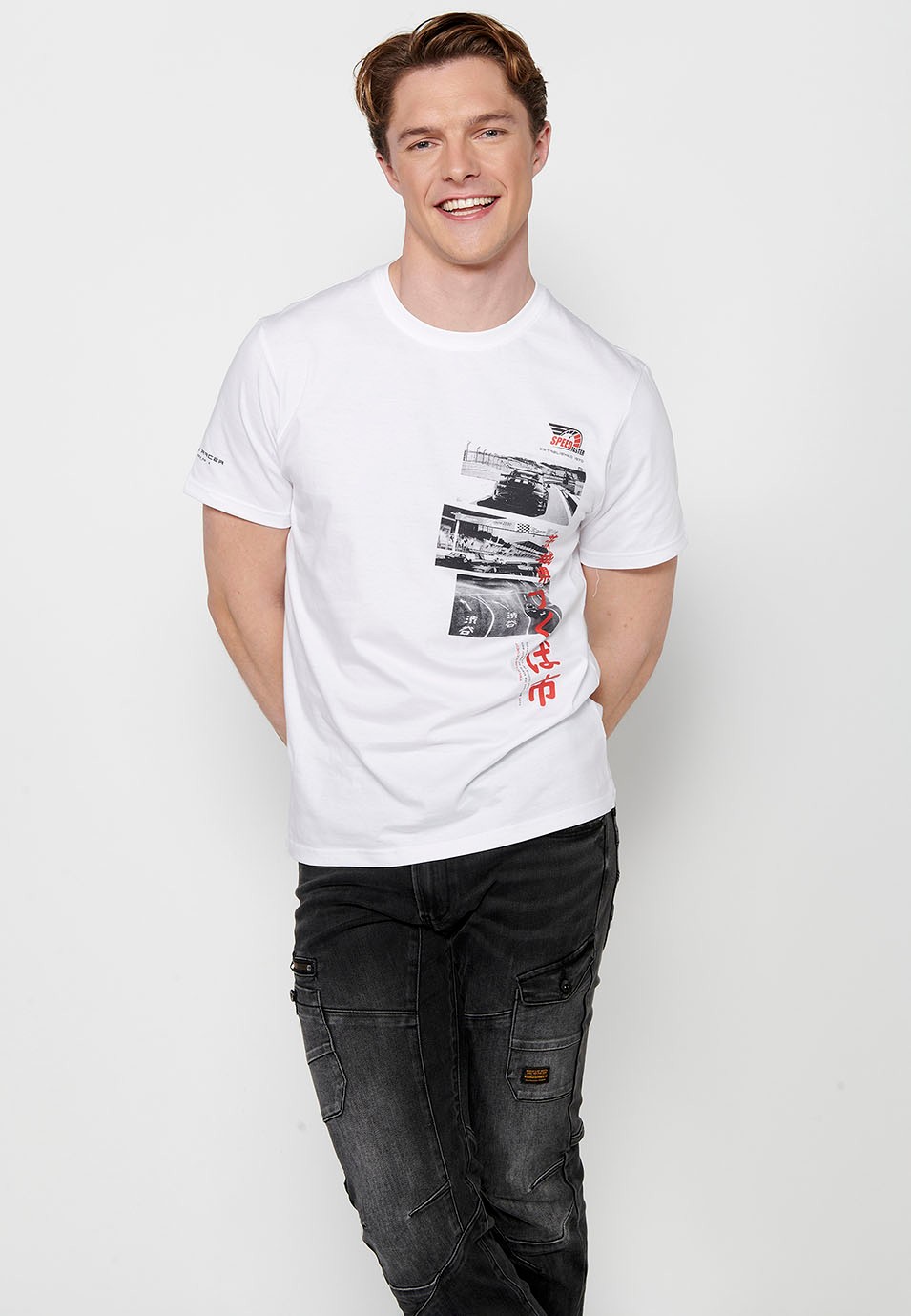 Camiseta de manga corta de algodón, estampado pecho multicolor, color blanco para hombre 1