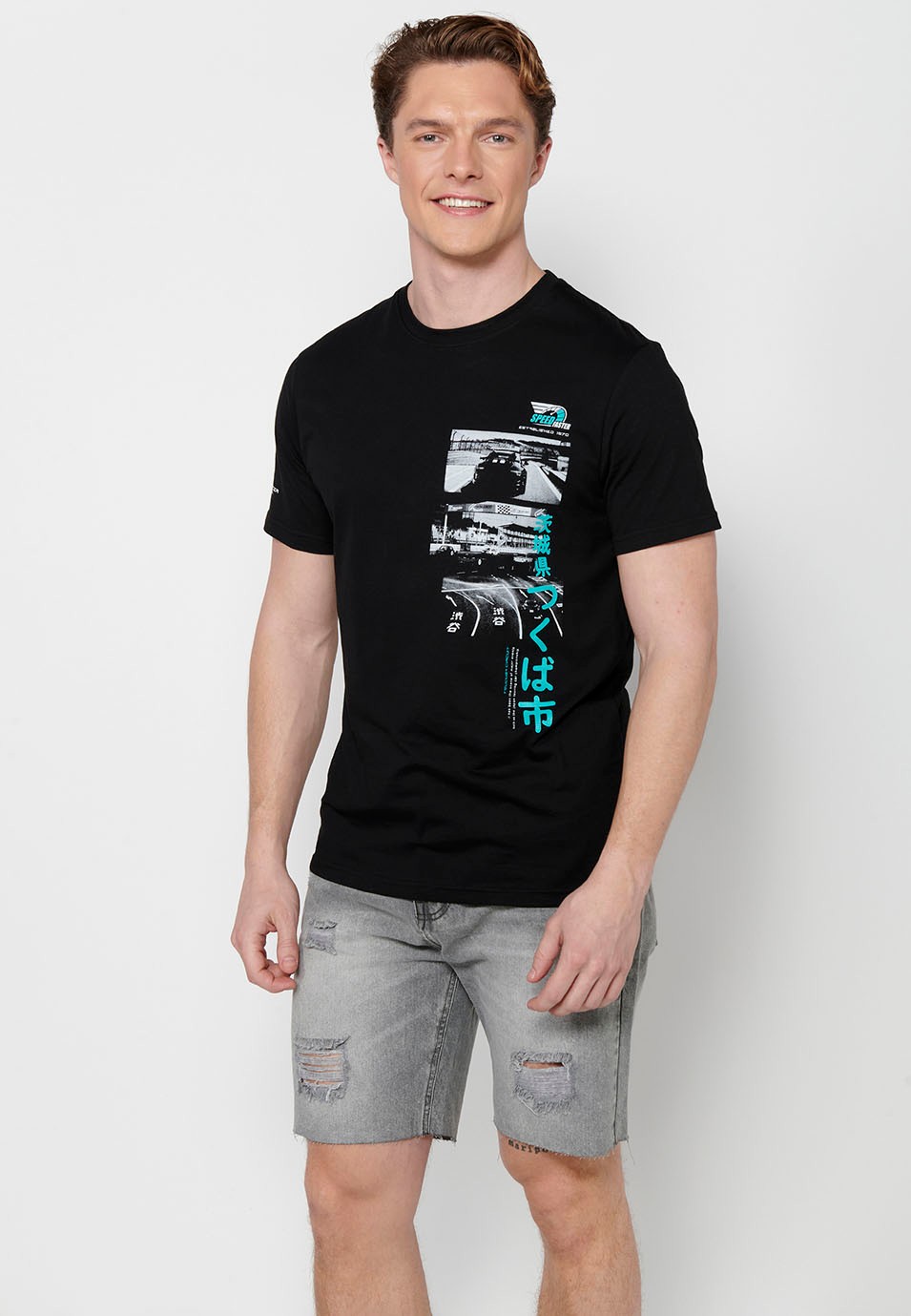 Camiseta de manga corta de algodón, estampado pecho multicolor, color negro para hombre