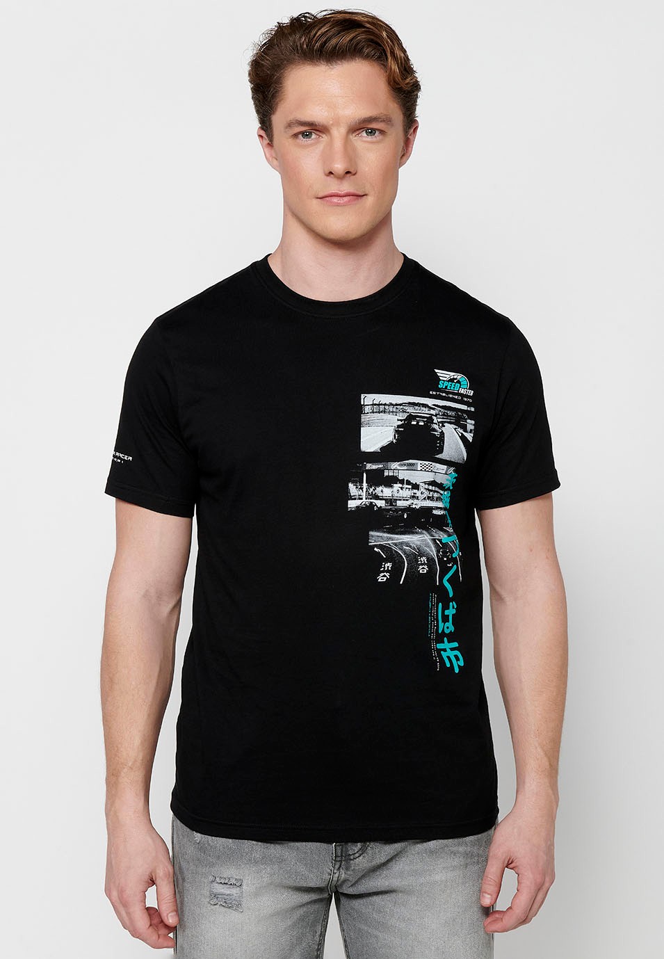 Camiseta de manga corta de algodón, estampado pecho multicolor, color negro para hombre