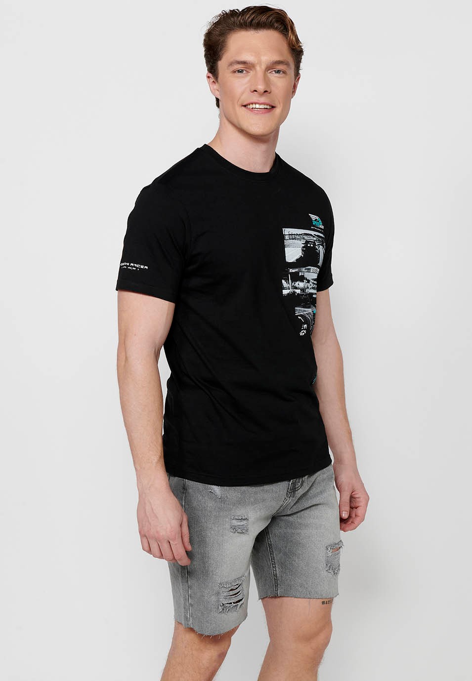 Kurzärmliges T-Shirt aus Baumwolle, mehrfarbiger Brustdruck, schwarze Farbe für Herren