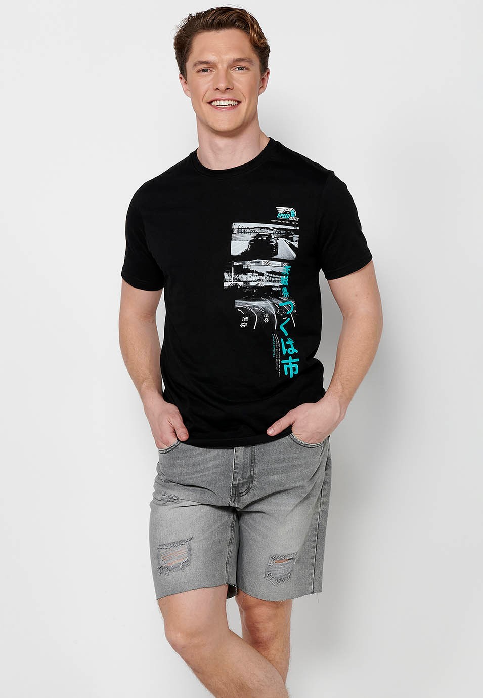 Camiseta de manga corta de algodón, estampado pecho multicolor, color negro para hombre