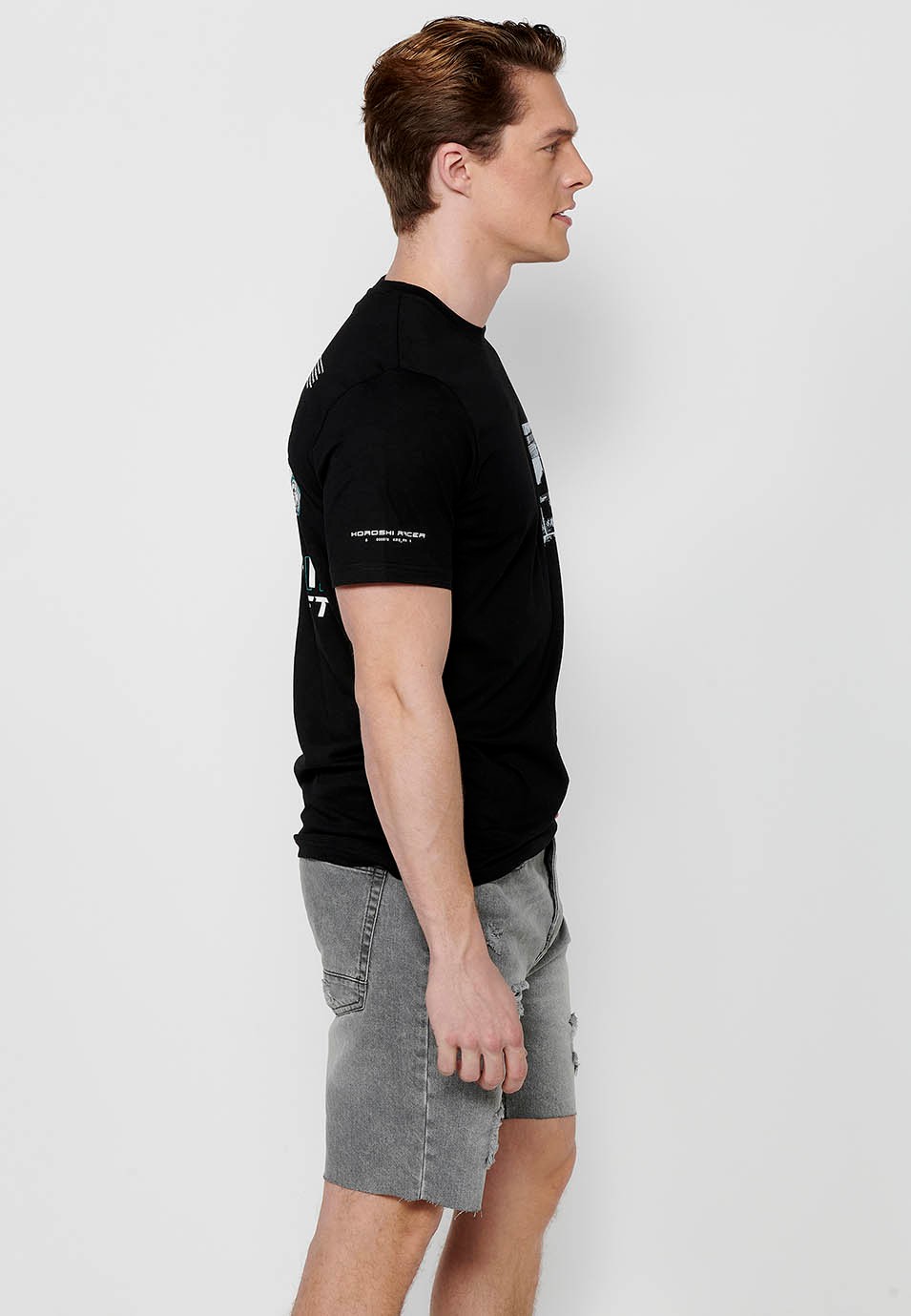 Camiseta de manga corta de algodón, estampado pecho multicolor, color negro para hombre