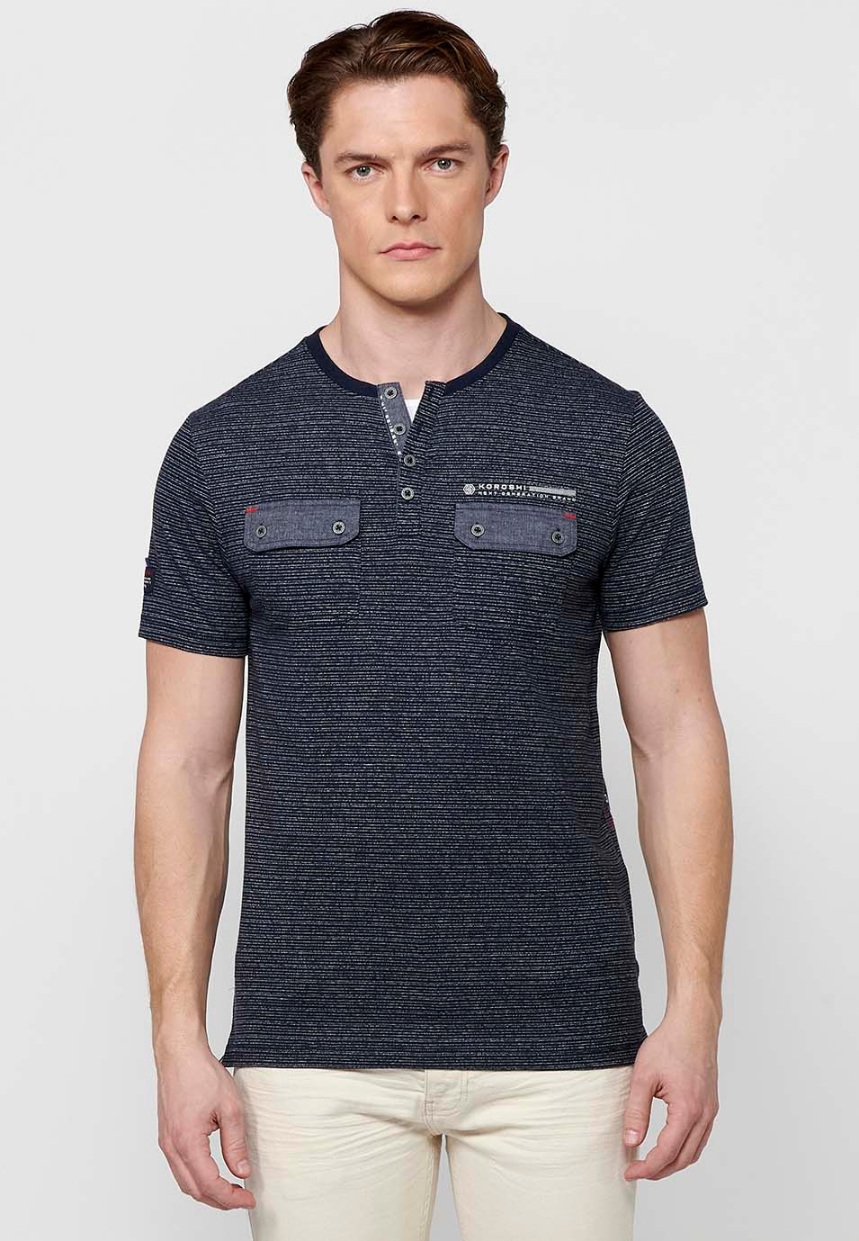Kurzarm-T-Shirt mit Kragen und Knopfleiste, Marineblau für Herren