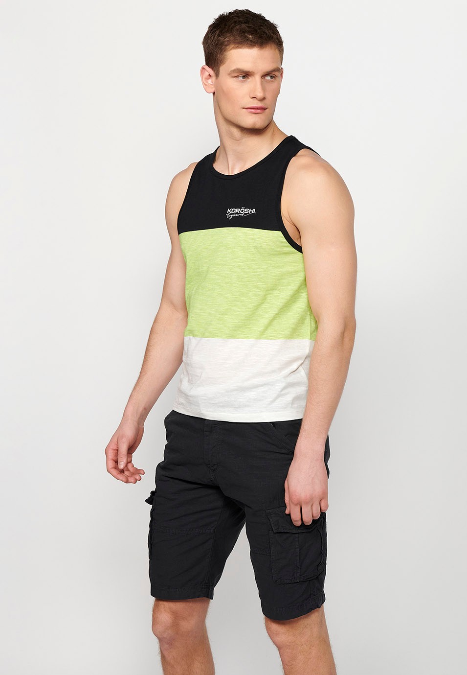 Tank top, multicolored black striped print, for men