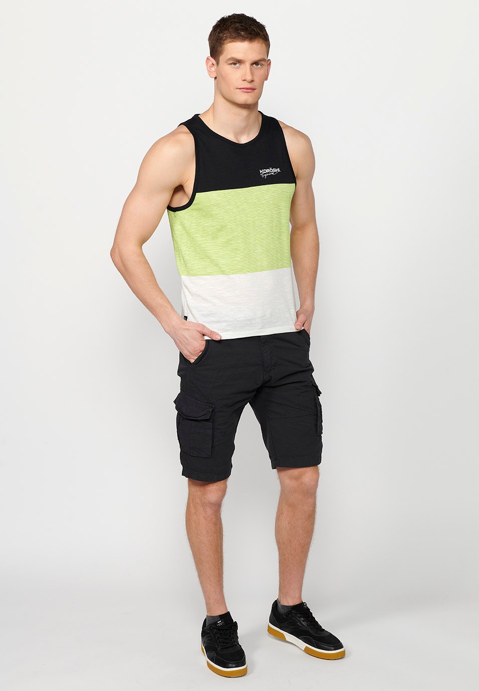 Tank top, multicolored black striped print, for men