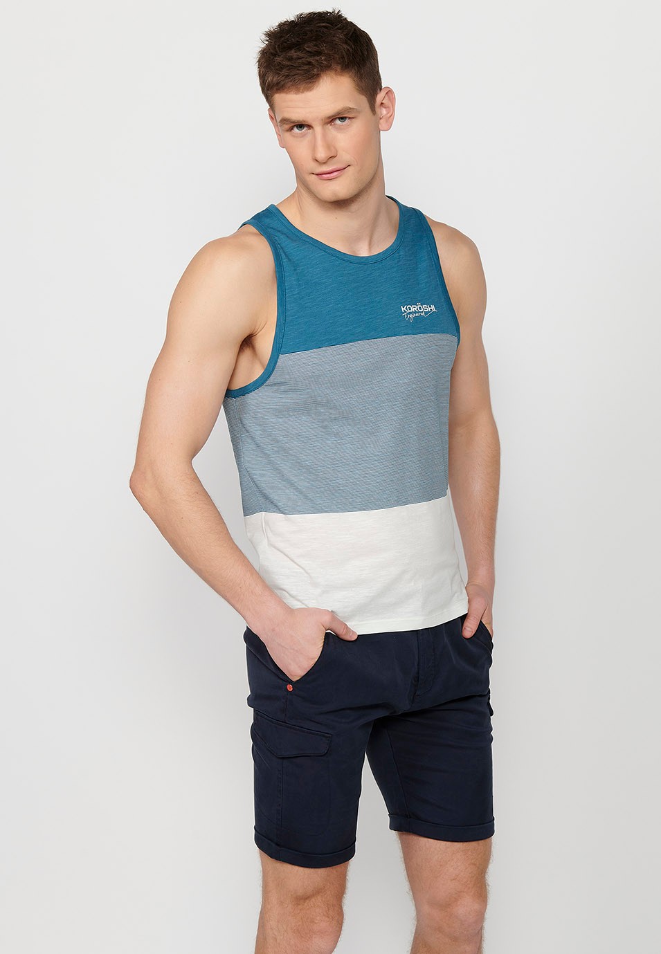 Tank top, multicolored blue striped print, for men