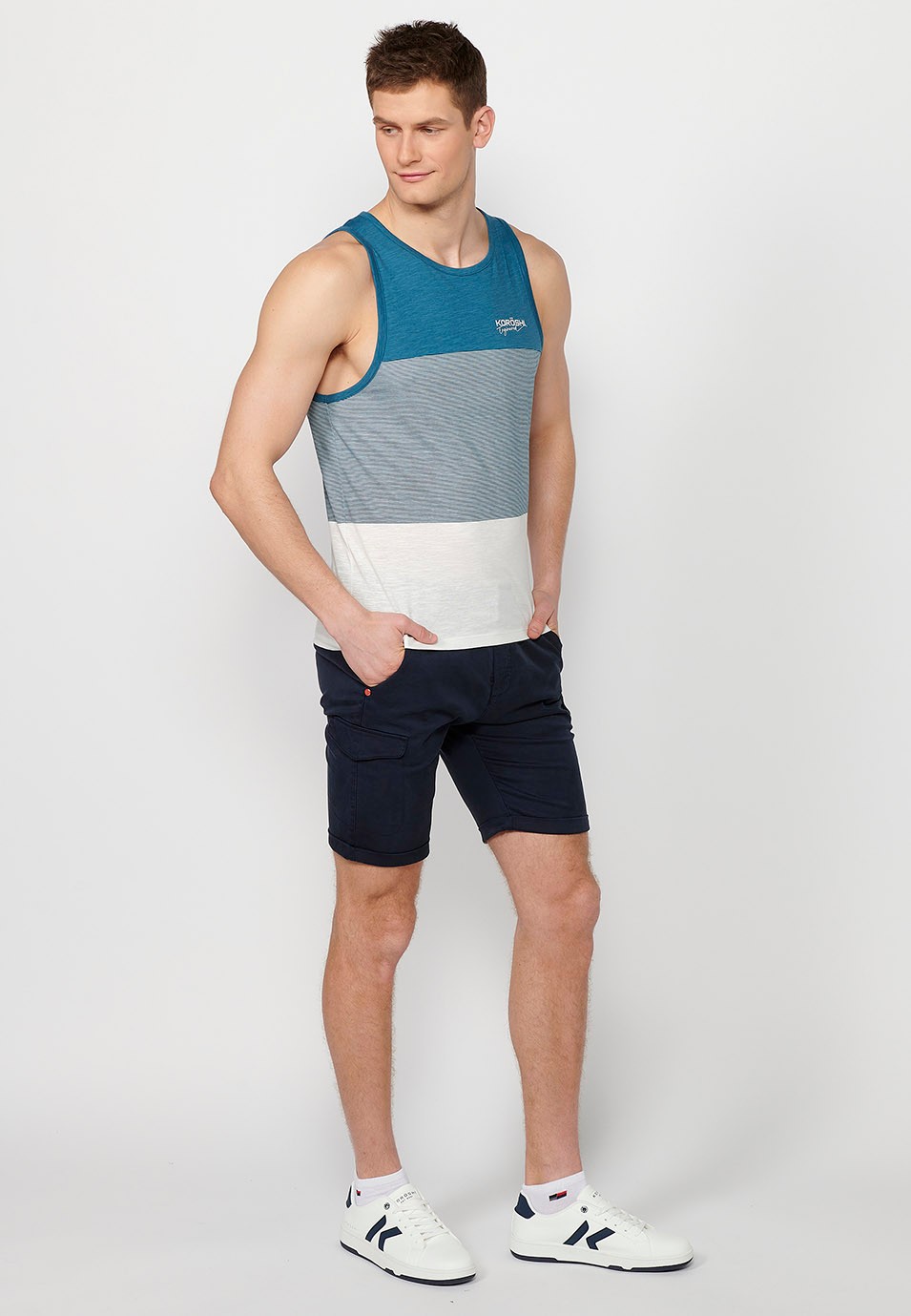 Tank top, multicolored blue striped print, for men