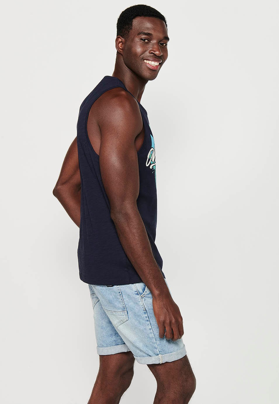 Tank top, round neck, navy front print for men