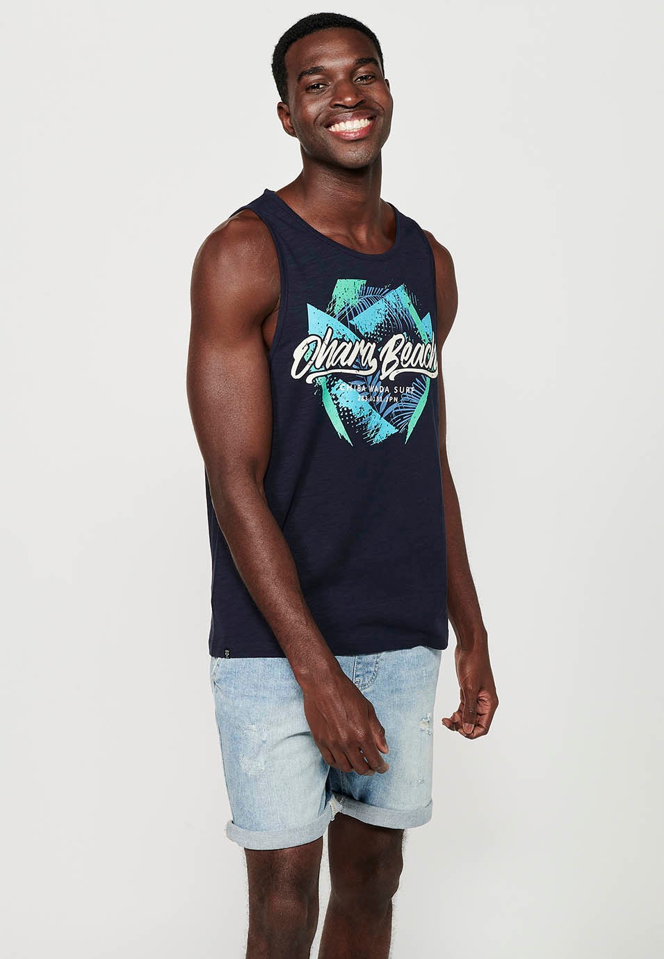 Tank top, round neck, navy front print for men