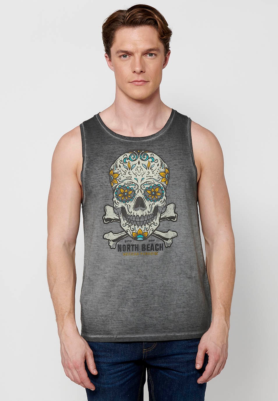 Cotton tank top, with front print, gray color for men