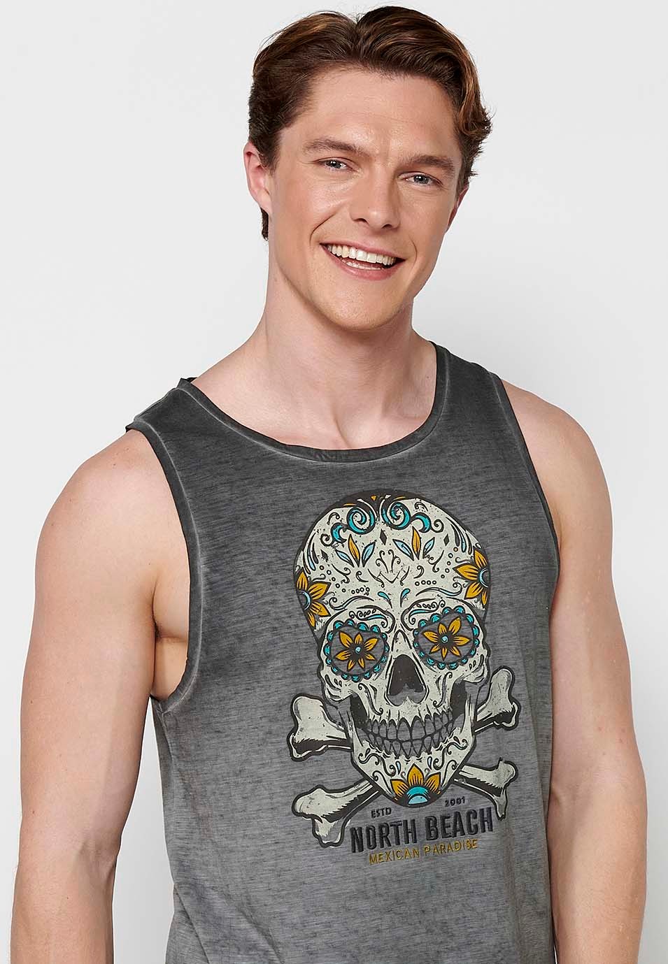 Cotton tank top, with front print, gray color for men