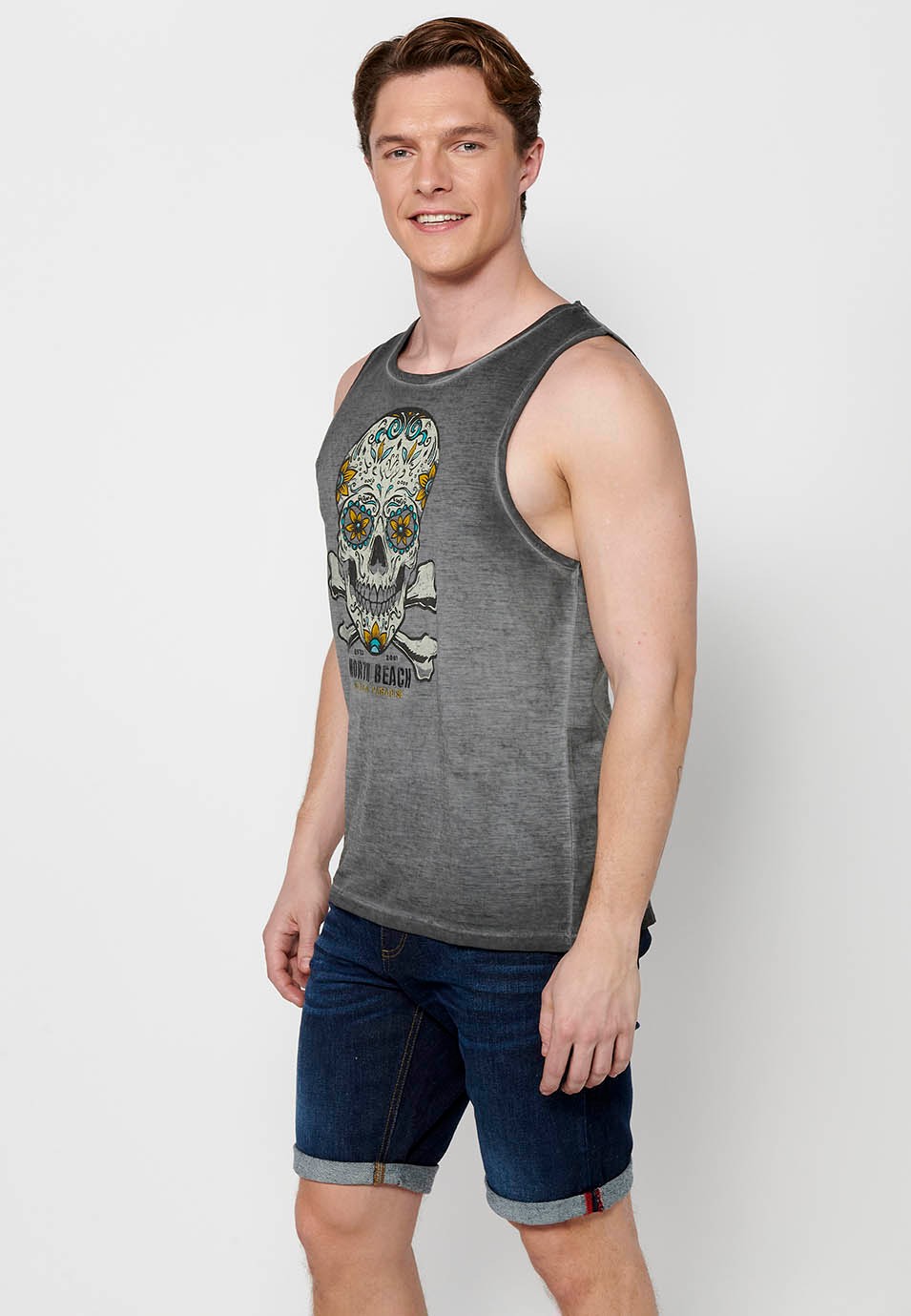 Cotton tank top, with front print, gray color for men