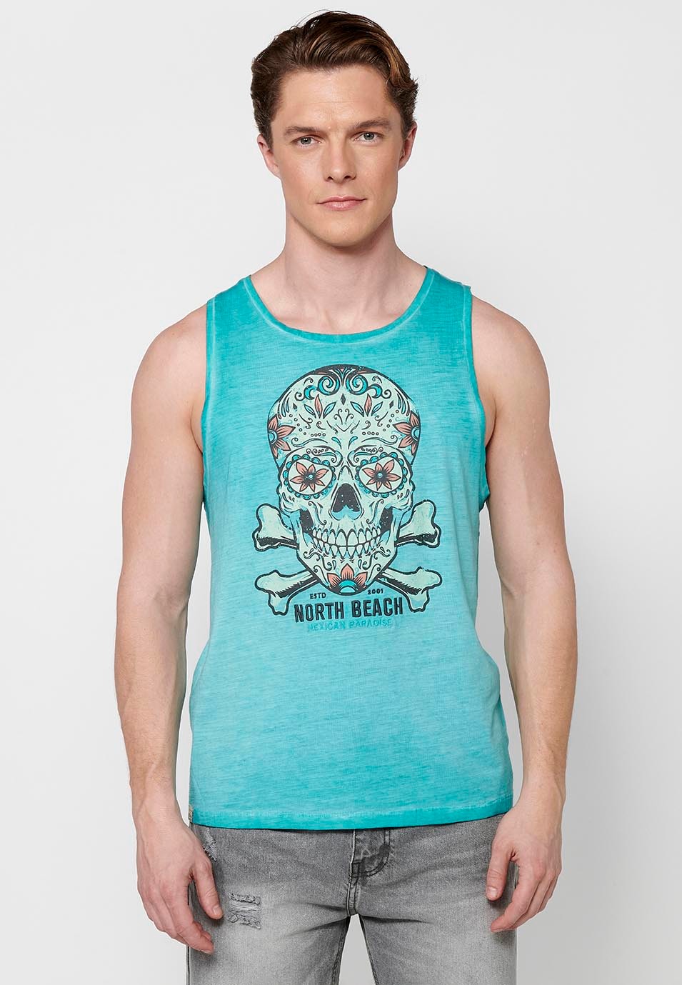 Cotton tank top, with front print, green color for men
