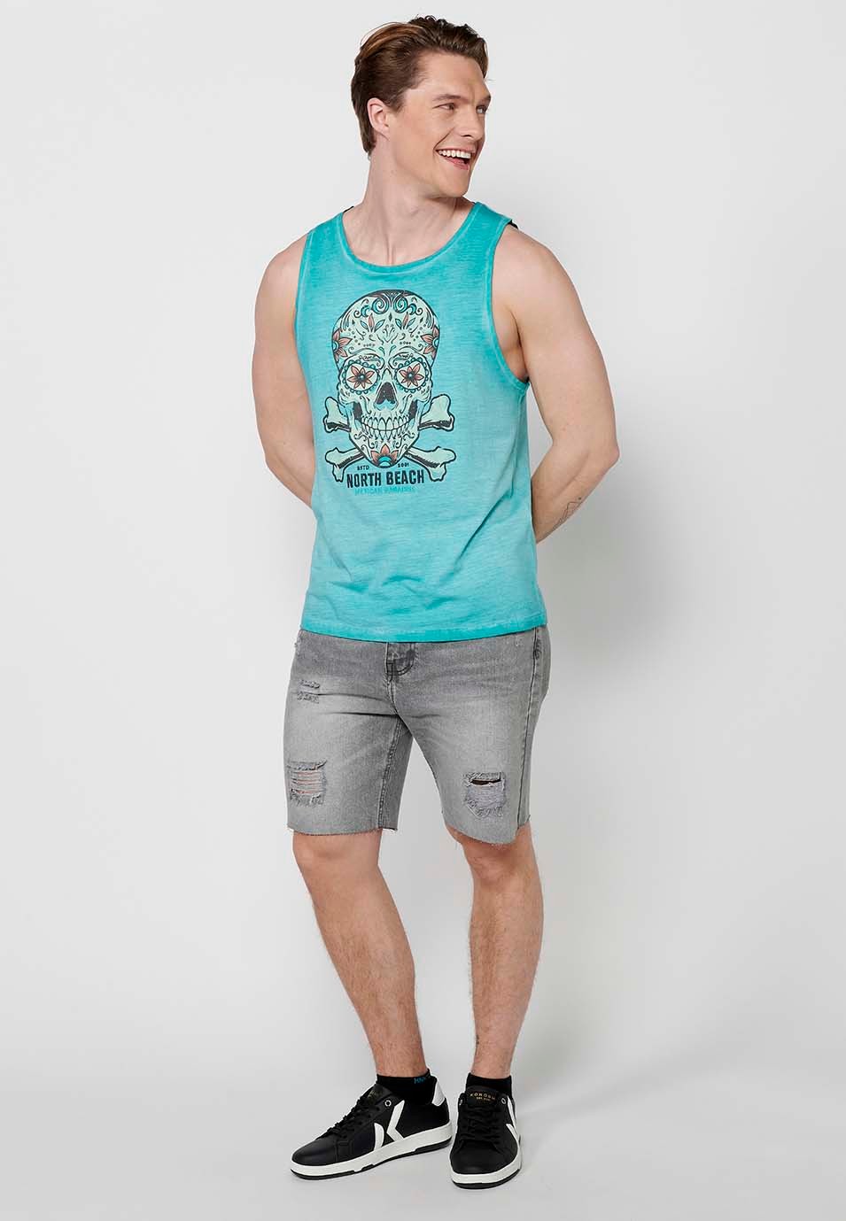 Cotton tank top, with front print, green color for men